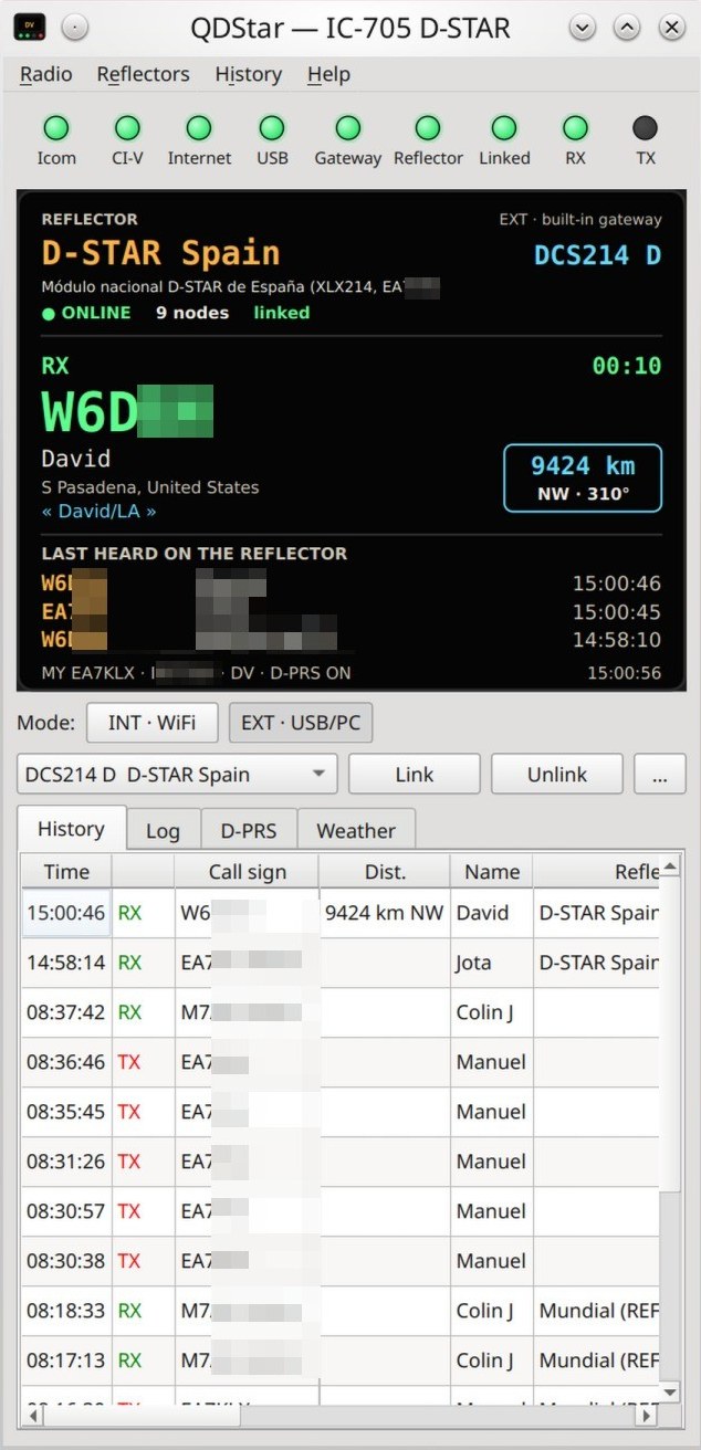 QDStar linked to DCS214 D, receiving a station from California, with the history tab open