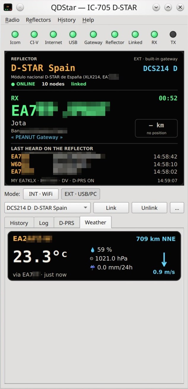 QDStar linked to DCS214 D with the weather tab showing a D-PRS weather station